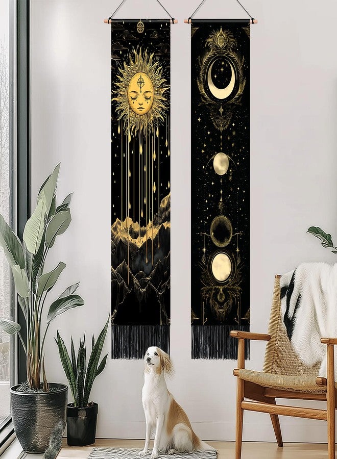 AOHMPT Pack of 2 Long Vertical Tapestry,Nature Landscape Tapestry with Serene Mountain River, Moon & Sun Motifs,Traditional Ink Painting Wall Art,Zen Aesthetic Wall Hanging for Living Room Bedroom Decor 13" W x 51" H" - Image 2